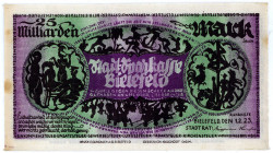 NOTGELD BESONDERER ART, Bielefeld, 25 Milliarden Mark 01.02.1923, Leinen. Etw. fleckig, sonst I.
I-
Gra.86