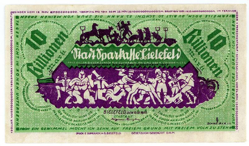 NOTGELD BESONDERER ART, Bielefeld, 10 Billionen Mark 15.12.1922, Leinen.
I
Gra...