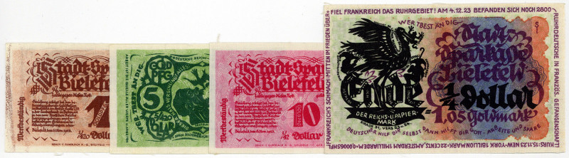 NOTGELD BESONDERER ART, Bielefeld, Stadtsparkasse. 1, 5, 10 Goldpfennig, 1/4 Dol...