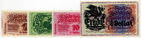 NOTGELD BESONDERER ART, Bielefeld, Stadtsparkasse. 1, 5, 10 Goldpfennig, 1/4 Dollar o.D., 4 Scheine.
I/I-
Gra.92-95