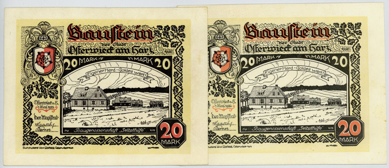 NOTGELD BESONDERER ART, Osterwieck, Stadt. 2x 20 Mark 01.05.1922, Glaceleder. 1x...
