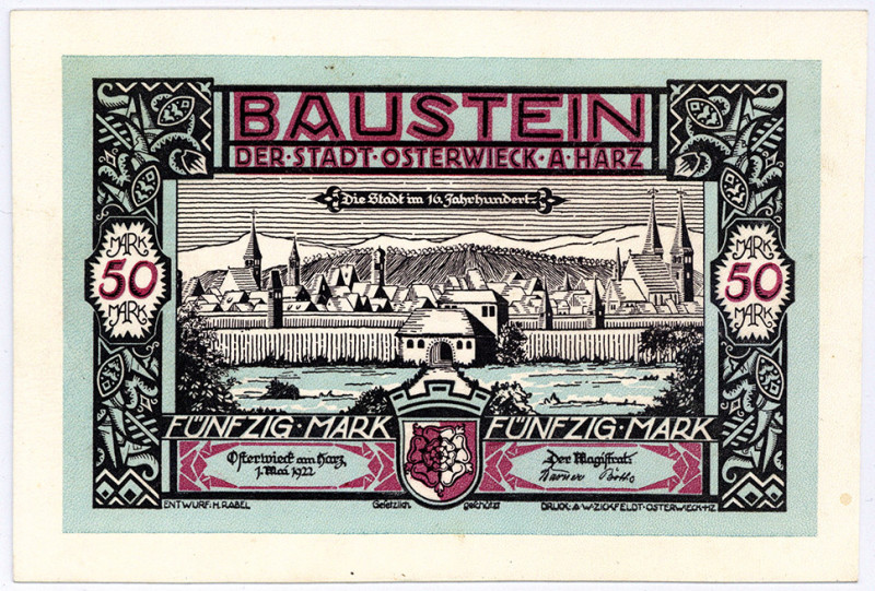 NOTGELD BESONDERER ART, Osterwieck, Stadt. 50 Mark 01.05.1922, Glaceleder Udr. V...
