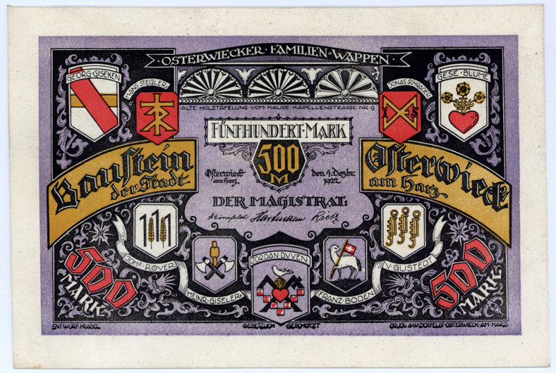 NOTGELD BESONDERER ART, Osterwieck, Stadt. 500 Mark 01.05.1922, Glaceleder.
I
...