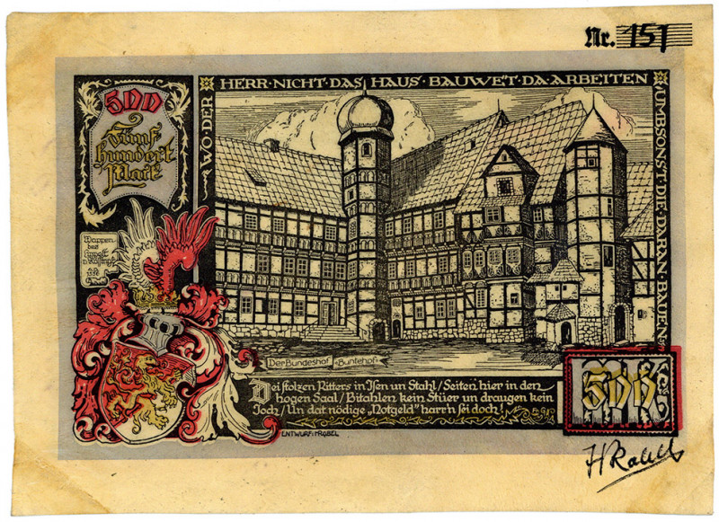 NOTGELD BESONDERER ART, Osterwieck, Stadt. 500 Mark 04.12.1922, Baustein, mit Un...