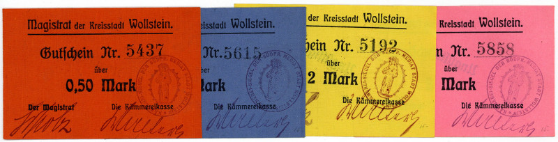 NOTGELD BESONDERER ART, Wollstein/Wolsztyn, 0,50, 1, 2, 3 Mark 1914 auf farbigem...