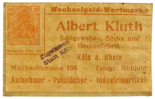BRIEFMARKENNOTGELD, Köln, Albert Kluth. 10 Pfennig o.D. Wechselgeld-Wertmarke.
...