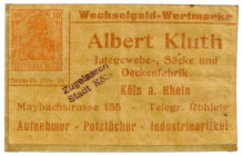 BRIEFMARKENNOTGELD, Köln, Albert Kluth. 10 Pfennig o.D. Wechselgeld-Wertmarke.
II
Ti3565.065.01