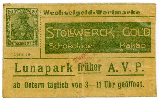 BRIEFMARKENNOTGELD, Köln, Stollwerk Gold. 20 Pfennig o.D. Wechselgeld-Wertmarke....