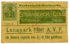 BRIEFMARKENNOTGELD, Köln, Stollwerk Gold. 20 Pfennig o.D. Wechselgeld-Wertmarke.
II
Ti3565.110.02