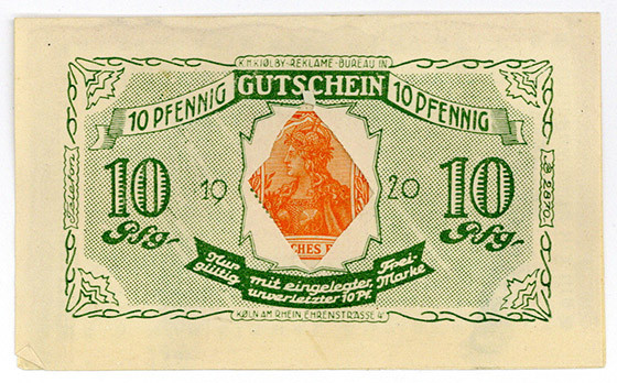 BRIEFMARKENNOTGELD, Köln, Carl Grave. 10 Pfennig o.D. Germania.
I-
Ti3565.030....