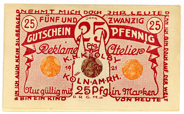 BRIEFMARKENNOTGELD, Köln, Carl Grave. 25 Pfennig o.D. Germania. 10, 10 und 5 Pfe...