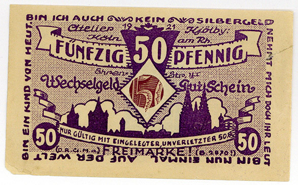 BRIEFMARKENNOTGELD, Köln, Carl Grave. 50 Pfennig o.D. Germania, 50 Pfennig Ziffe...