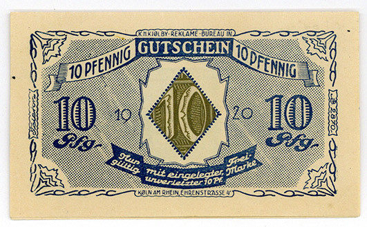 BRIEFMARKENNOTGELD, Köln, K.H.Kjölby. 10 Pfennig o.D. Ziffer.
I-
Ti3565.060.05...