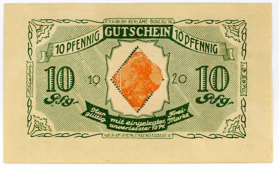BRIEFMARKENNOTGELD, Köln, Math.Fegers. 10 Pfennig o.D. Germania.
I-
Ti3565.020...