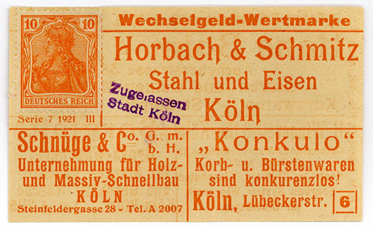 BRIEFMARKENNOTGELD, Köln, Horbach & Schmitz. 10 Pfennig o.D. Wechselgeld Wertmar...