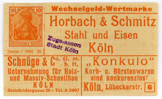 BRIEFMARKENNOTGELD, Köln, Horbach & Schmitz. 10 Pfennig o.D. Wechselgeld Wertmarke.
I
Ti3565.050.01