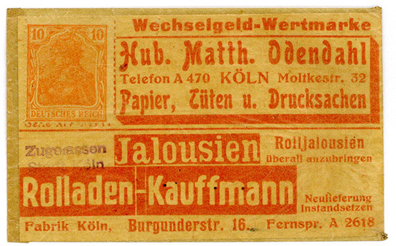 BRIEFMARKENNOTGELD, Köln, Hub.Matth.Odendahl. 10 Pfennig o.D., Rs.Köln-Rhein, 17...