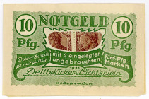 BRIEFMARKENNOTGELD, Köln-Dellbrück, Dellbrücker Lichtspiele. 10 Pfennig 1921, Druck grün, 2x 5 Pfennig Germania.
I-
Ti3570.05.02