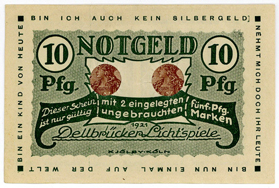 BRIEFMARKENNOTGELD, Köln-Dellbrück, Dellbrücker Lichtspiele. 10 Pfennig 1921, Dr...