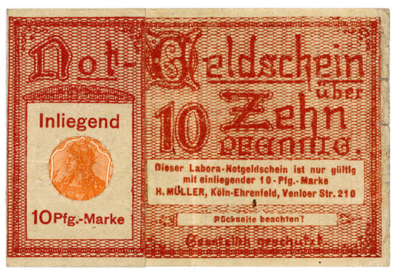 BRIEFMARKENNOTGELD, Köln-Ehrenfeld, Carl Korbs u.A. 10 Pfennig o.D., Germania.
...