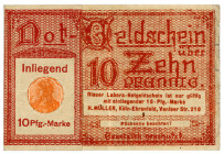 BRIEFMARKENNOTGELD, Köln-Ehrenfeld, Carl Korbs u.A. 10 Pfennig o.D., Germania.
II
Ti.-