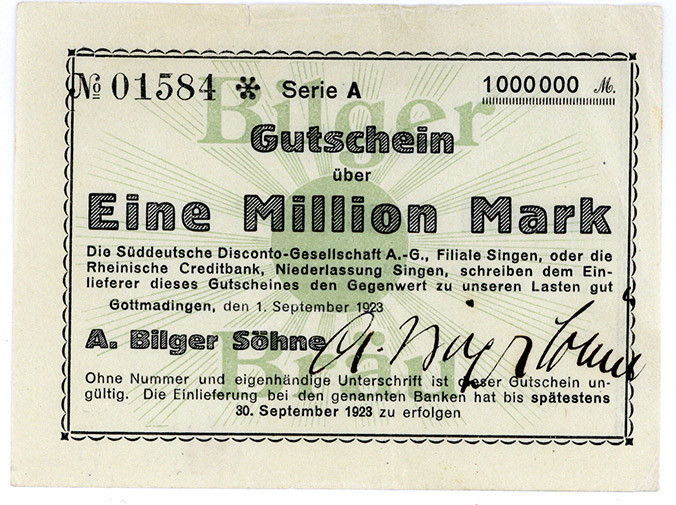 BADEN, Gottmadingen, A.Bilger Söhne (Bilger Bräu). 1 Million Mark 01.09.1923. Be...