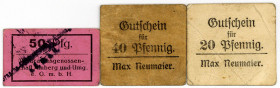 BAYERN, Amberg, Max Neumaier. 20 Pfennig o.D.(III), 40 Pfennig o.D.(II), dazu: Verbrauchergenossenschaft 50 Pfennig o.D.(I-). 3 Scheine.
I-III
Ti.01...