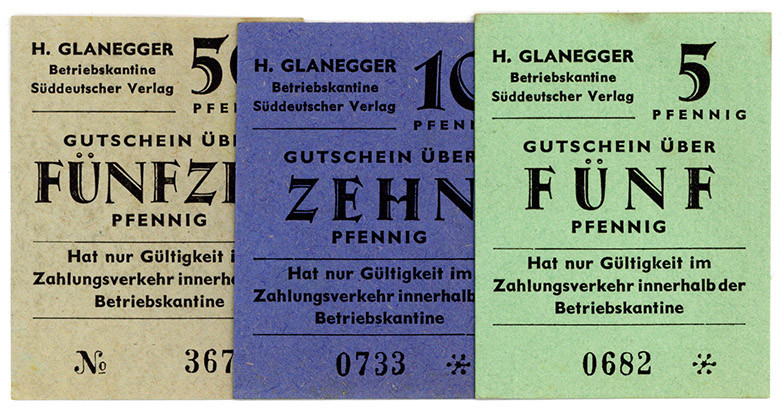 BAYERN, München, H.Glanegger, Betriebskantine Süddeutscher Verlag. 5, 10, 50 Rei...