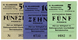 BAYERN, München, H.Glanegger, Betriebskantine Süddeutscher Verlag. 5, 10, 50 Reichspfennig o.D..
I/I-
Schö.1321-; 3