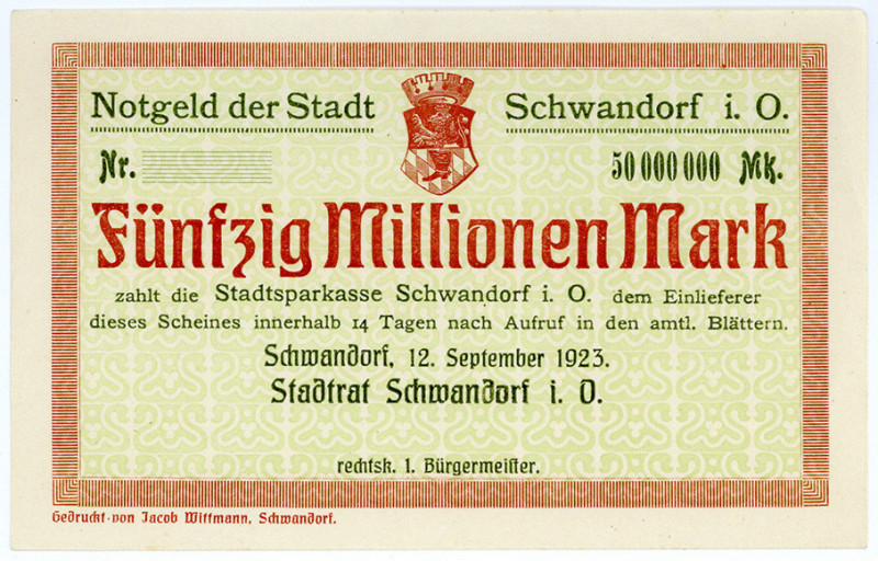 BAYERN, Schwandorf, Stadtrat. 50 Millionen Mark 19.09.1923, Muster ohne KN und U...