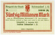 BAYERN, Schwandorf, Stadtrat. 50 Millionen Mark 19.09.1923, Muster ohne KN und Unterschrift. Ohne Wasserzeichen !.
I-
Ke.5070o
