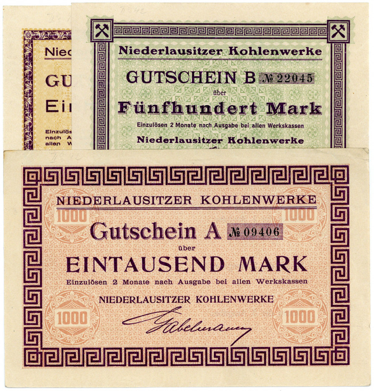 BERLIN, BRANDENBURG, Berlin, Niederlausitzer Kohlewerk. 100, 500, 1000 Mark o.D....