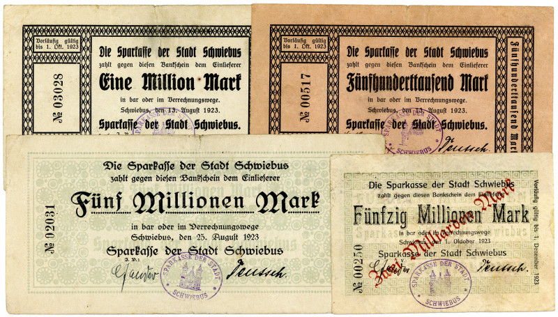 BERLIN, BRANDENBURG, Schwiebus, Stadt. 500.000 Mark 13.08.1923, 1 Million Mark 1...