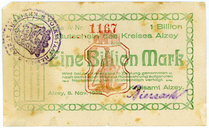 HESSEN, Alzey, Kreis. 1 Billion Mark 08.11.1923, Separatistenausgabe, Papier fle...