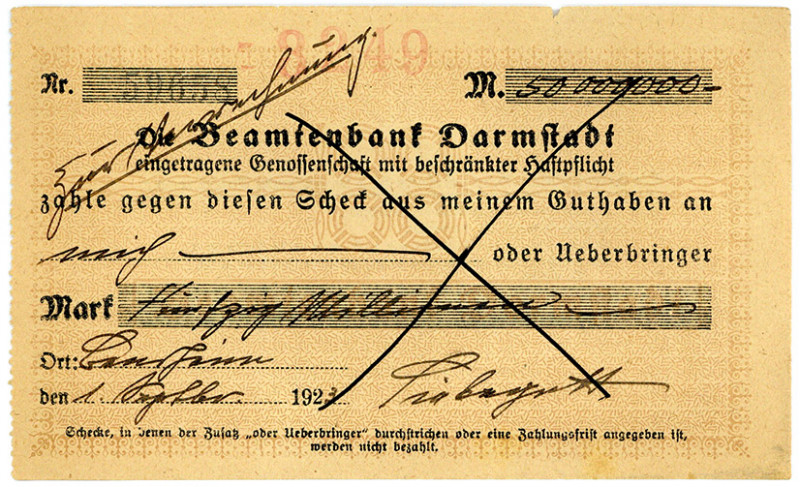 HESSEN, Bensheim, Beamtenbank Darmstadt. Kundenscheck über 50 Millionen Mark 01....