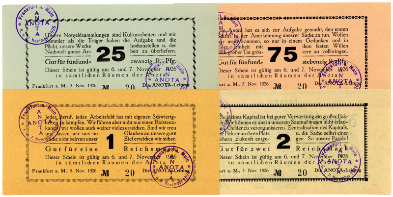 HESSEN, Frankfurt, ANOTA. 25, 75 Pfennig, 1, 2 Reichsmark 05.11.1926. 4 Scheine ...