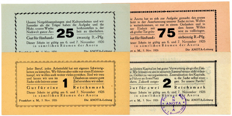 HESSEN, Frankfurt, ANOTA. 25, 75 Pfennig, 1, 2 Reichsmark 05.11.1926. 4 Scheine ...