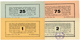 HESSEN, Frankfurt, ANOTA. 25, 75 Pfennig, 1, 2 Reichsmark 05.11.1926. 4 Scheine ohne KN, 3x ohne Stempel, 1x mit Stempel (2 Reichsmark).
I