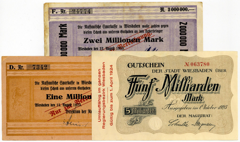 HESSEN, Wiesbaden, Nassauische Landesbank. 1 Million Mark 15.08.1923, 2 Millione...