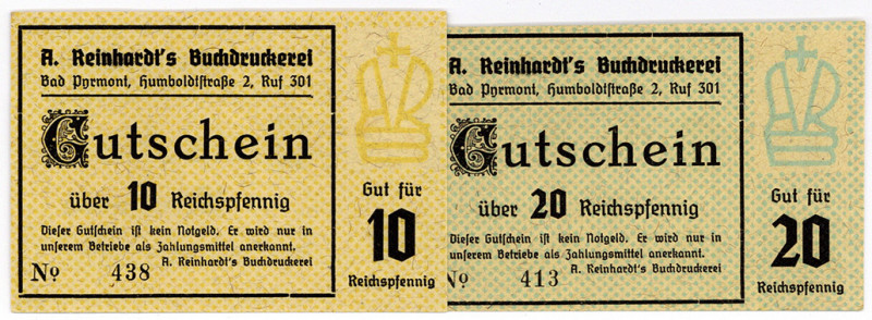 NIEDERSACHSEN, Bad Pyrmont, A.Reinhardt's Buchdruckerei. 10, 20 Reichspfennig o....