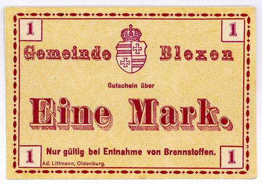 NIEDERSACHSEN, Blexen, Gemeinde. 1 Mark o.D., nur gültig bei Entnahme von Brenns...