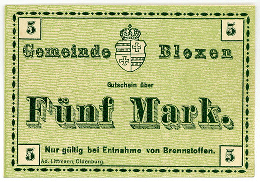 NIEDERSACHSEN, Blexen, Gemeinde. 5 Mark o.D., nur gültig bei Entnahme von Brenns...