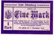NIEDERSACHSEN, Oldenburg, Stadt. 1 Mark gültig bis 01.11.1918, nur gültig bei Entnahme von Brennstoff.
I
