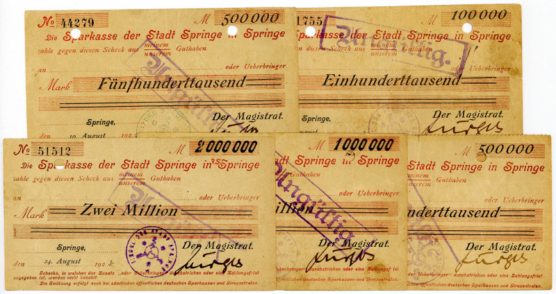 NIEDERSACHSEN, Springe, Stadt. 100.000 Mark 03.08.1923, 500.000 Mark 03.08.1923,...