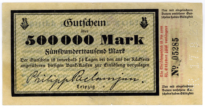 SACHSEN, Leipzig, Philipp Reclam J. 500.000 Mark 17.08.1923 (Datum gelocht). Ein...