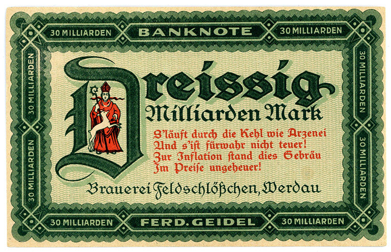 SACHSEN, Werdau, Brauerei Feldschlößchen, Ferd. Geidel. 30 Milliarden Mark o.D. ...
