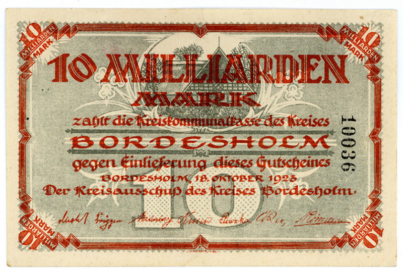 SCHLESWIG-HOLSTEIN, Bordesholm, Kreiskommunalkasse. 10 Milliarden Mark 18.10.192...