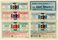 SCHLESWIG-HOLSTEIN, Flensburg, Stadt. 5 Mark 18.11.1918 ohne KN. 10, 50 (2x), 100 Milliarden Mark 24.10.1923 ohne KN. 50 Milliarden Mark 24.10.1923 mi...