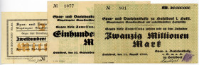 SCHLESWIG-HOLSTEIN, Haseldorf, Spar und Darlehnskasse. 20 Millionen Mark 11.08.1923; 100 Millionen Mark 22.09.1923; 200 Millionen Mark 10.10.1923. 3 S...
