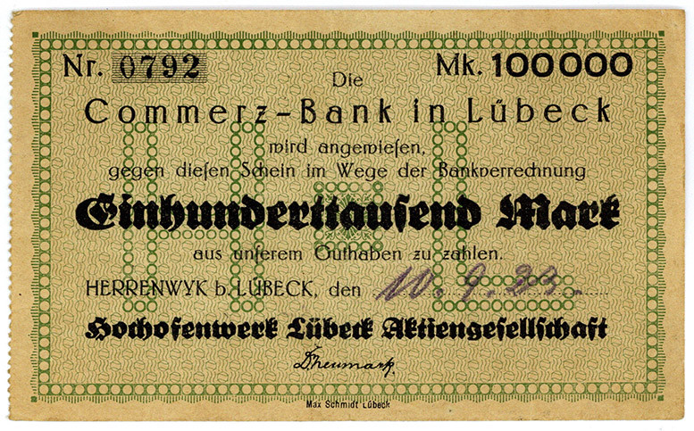 SCHLESWIG-HOLSTEIN, Herrenwyk b.Lübeck, Hochofenwerk Lübeck AG. 100.000 Mark 10....